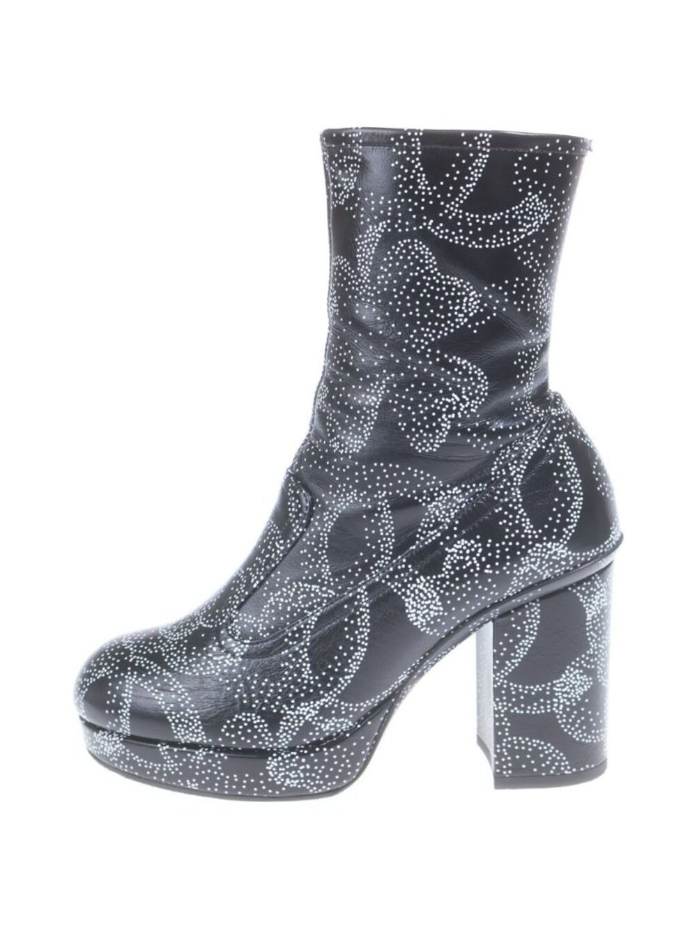 Chanel Camellia Printed Ankle Boots CC Logo Charm Leather Heels Black